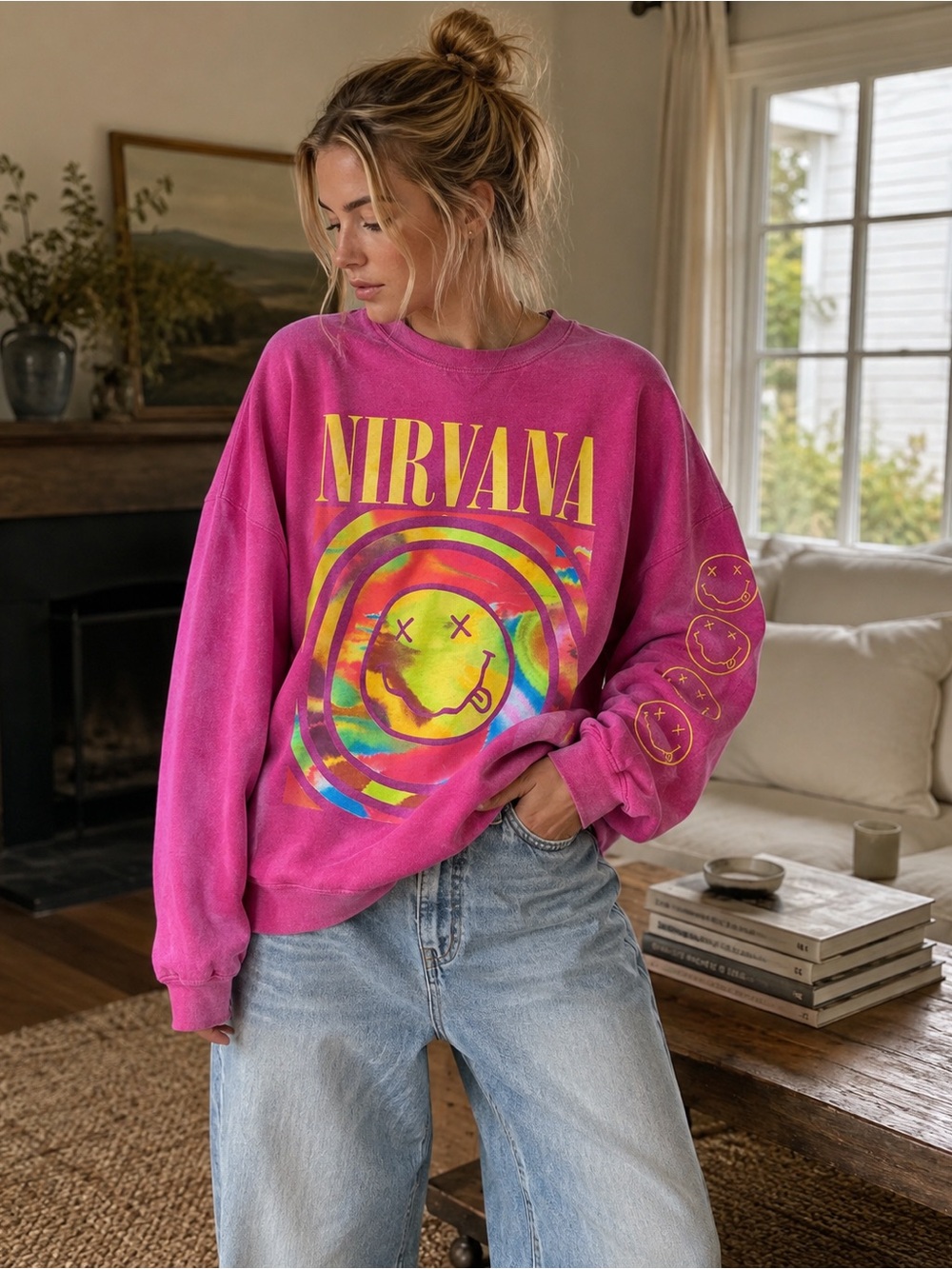 Urban Outfitters Nirvana Smile Overdyed Oversized Sweatshirt S/M Pink
